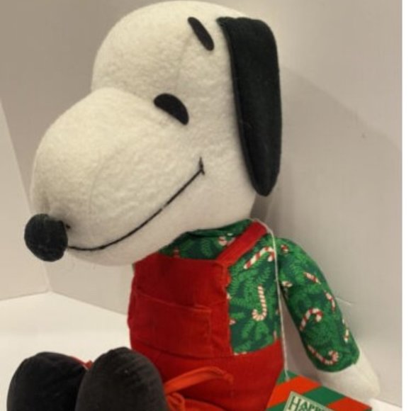 Vtg Happy Holidays Snoopy Plush Toy Stuffed Animal Hong Kong Christmas Overalls